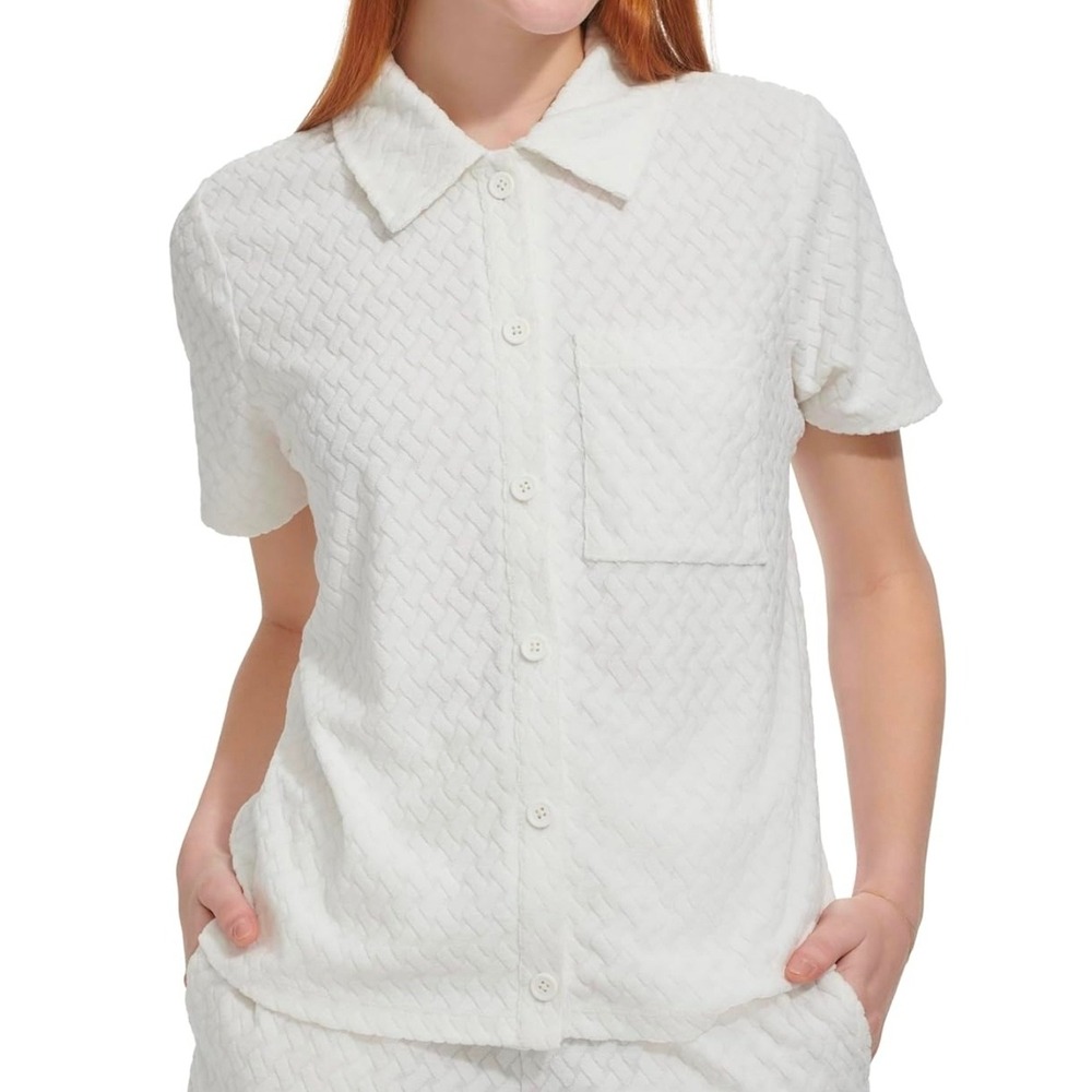 Andrew Marc‎ Women's Short Sleeve Collared Textured French Terry Size M